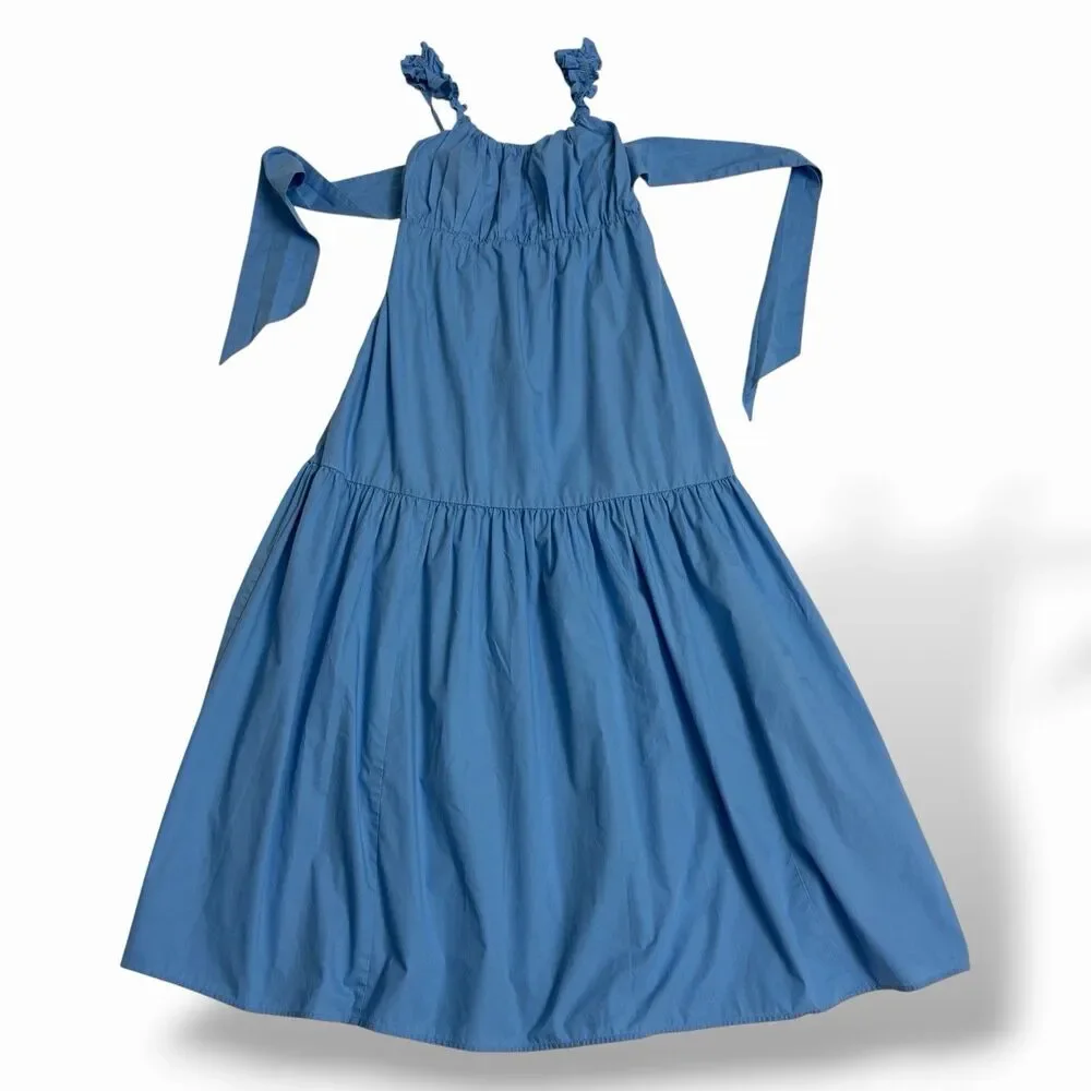 Abercrombie & Fitch Tiered Bow Back Ruffle Poplin Maxi Dress coastal blue Size M